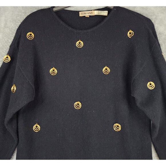 L'EAU VIVE Sweater Womens Large Black Gold Ring Wool Blend Long Sleeve Vintage - Picture 6 of 10